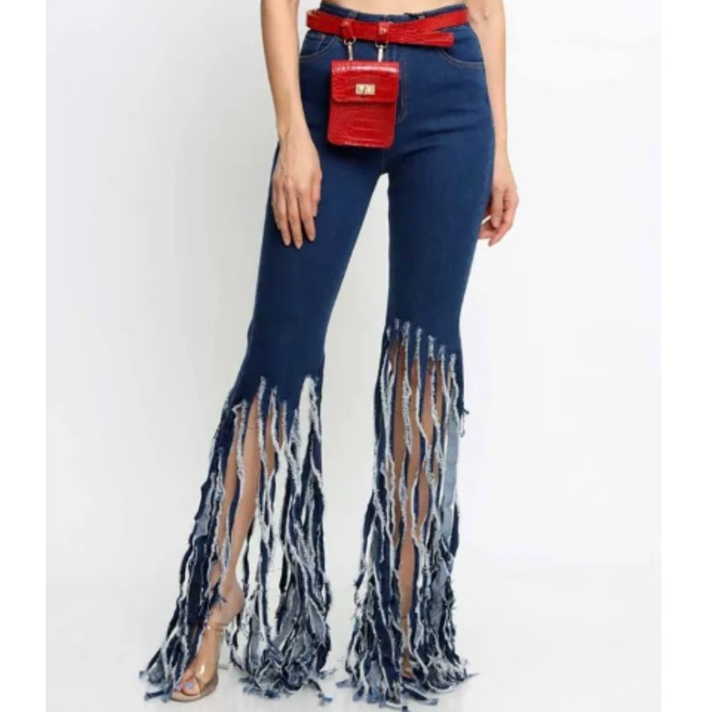 NWT Blue Frayed Fringed Flared Too Shreds Jeans